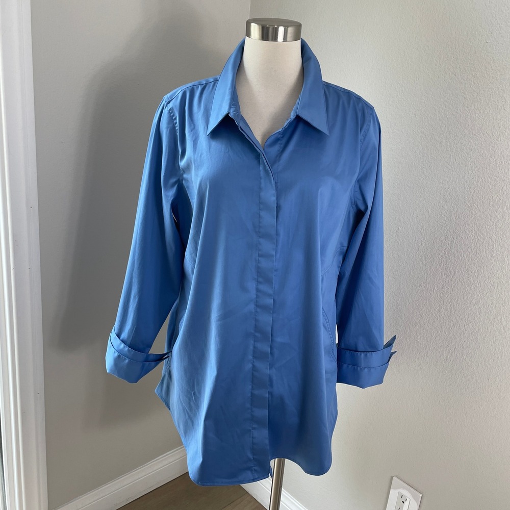 Soft Surroundings Womens XL Blue Cotton Blend Long Sleeve Button Up Tunic Shirt